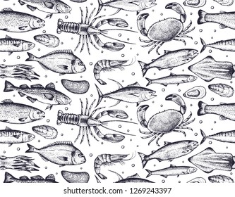 Seamless pattern with different seafood: lobster, crab, dorado, tuna, shrimp, codfish, mackerel, oyster, mussel, tuna, salmon and anchovy. White background. Vector. Hand-drawn.