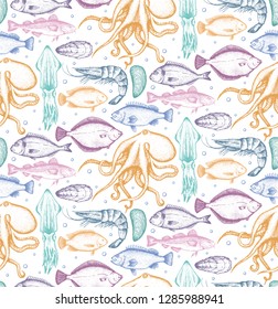 Seamless pattern with different seafood: octopus,flounder, dorado, cod fish, shrimp, cod fish, tilapia, oyster, mussel. White background, colorful silhouettes. Vector. Hand-drawn.