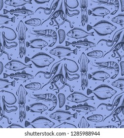 Seamless pattern with different seafood: octopus,flounder, dorado, cod fish, shrimp, cod fish, tilapia, oyster, mussel. Blue background. Vector. Hand-drawn.