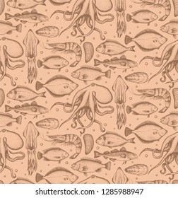 Seamless pattern with different seafood: octopus,flounder, dorado, cod fish, shrimp, cod fish, tilapia, oyster, mussel. Beige background. Retro style. Vector. Hand-drawn.