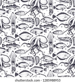 Seamless pattern with different seafood: octopus,flounder, dorado, cod fish, shrimp, cod fish, tilapia, oyster, mussel. Isolated on white background. Vector. Hand-drawn.