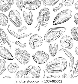 Seamless pattern of different seafood products, vector
