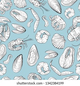 Seamless pattern of different seafood products, vector