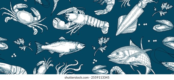 Seamless pattern of different seafoods, hand drawing illustration of different marine life.