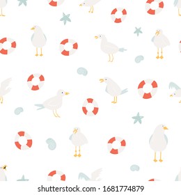 Seamless pattern with different seagulls, sea symbols