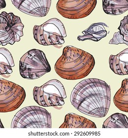 Seamless pattern with different seashells.