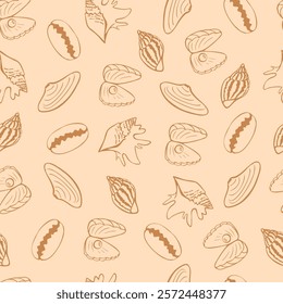 Seamless pattern with different seashells, marine pattern with aquatic elements