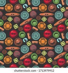 Seamless pattern with  different sewing button. Vector illustration in vintage engraved style.