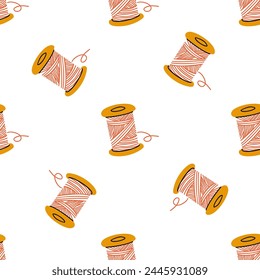 Seamless pattern with different sewing and embroidery tools on white background. Endless repeating texture with craft items for printing. Colored flat vector illustration of printable backdrop
