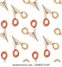 Seamless pattern with different sewing and embroidery tools on white background. Endless repeating texture with craft items for printing. Colored flat vector illustration of printable backdrop