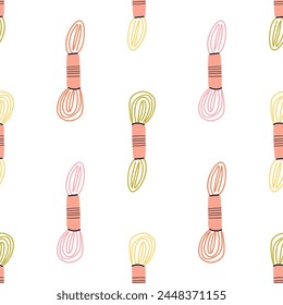 Seamless pattern with different sewing and embroidery tools on white background. Endless repeating texture with craft items for printing. Colored flat vector illustration of printable backdrop