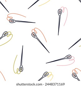 Patrón sin costura con diferentes herramientas de costura y bordado sobre fondo blanco. Textura repetida sin fin con artículos artesanales para imprimir. Ilustración vectorial plana de color de fondo imprimible