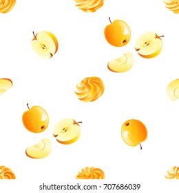 Seamless pattern with different shape and slope delicious orange appetizing apple and swirl meringue (zephyr, marshmallow) isolated on white background