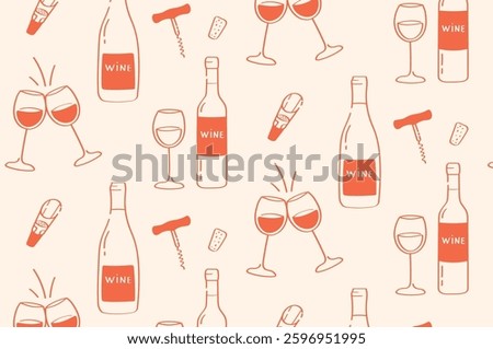 Seamless pattern with different shaped wine bottles, glasses, hand corkscrew, corks and wine aerator