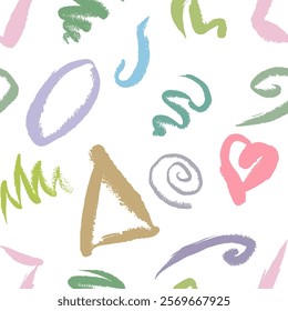 Seamless pattern with different shapes: circle, hart, square, triangle, strudel, zigzag brush. Vector, isolated with texture. Hand draw, doodle. Pastel colors.