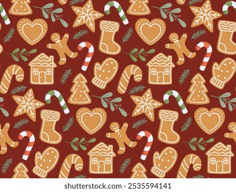 Seamless pattern with different shapes of gingerbread cookies. Colorful holiday background with sweets and plants