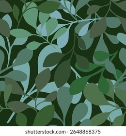 Seamless pattern with different shapes of green  leaves, negative space background painting. Could be used as print, texture, wallpaper, card, tag.