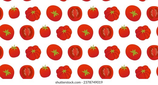 Seamless pattern different shapes red tomatoes in flat vector style on white background. For print, textile, background, wrapper.