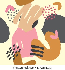 Seamless pattern with different shapes and textures. Pattern with abstract and organic shapes. Creative doodle art. Collage art