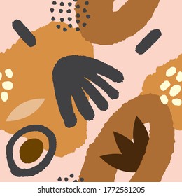 Seamless pattern with different shapes and textures. Pattern with abstract and organic shapes. Creative doodle art. Collage art