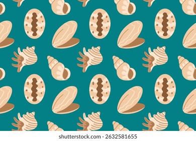 Padrão contínuo com diferentes tipos de conchas, incluindo cowrie, amêijoas e conch em um fundo azul escuro profundo para projetos com temática marinha