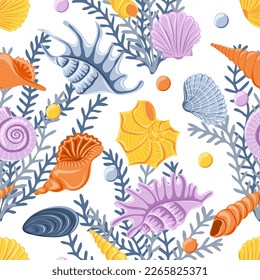 Seamless pattern with different  shells. Marine dwellers. Concept of sea and ocean life. Modern print for fabric, textiles, wrapping paper. Vector illustration