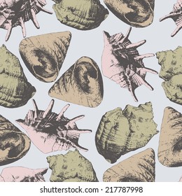 Seamless pattern with different shells on a light background