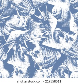 Seamless pattern with different shells on a blue background