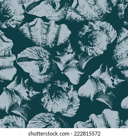 Seamless pattern with different shells on a blue background