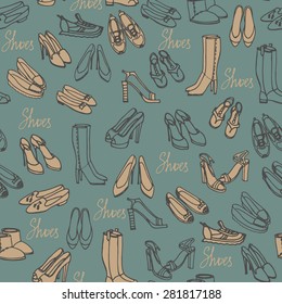 Seamless pattern with different shoes in vintage colors.Background in vector.