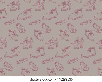 Seamless pattern of the different shoes.Vector sketch illustration