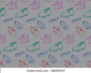 Seamless pattern of the different shoes.Vector sketch illustration