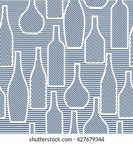 Seamless pattern with different silhouettes of bottles in striped background.