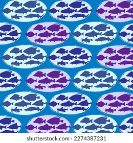 Seamless pattern with different silhouettes of fishes isolated on blue background
