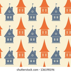 Seamless pattern with different silhouettes of houses. Simple geometrical town background. Cityscape endless texture