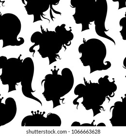 Seamless pattern with different silhouettes of princess. vector illustration. Black and white colors. 