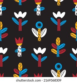 Seamless pattern with different simple abstract flowers  isolated on a black background. Vector flat childish illustration