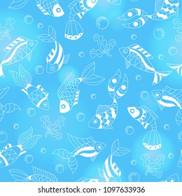 Seamless pattern with different simple fish, simple outline light fish contours on blue background