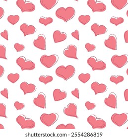 Seamless pattern of different simple hearts with hand draw lines. Background with Pink hearts . Vector silhouettes of hearts of different shapes for websites, cards, design, Valentine's day.