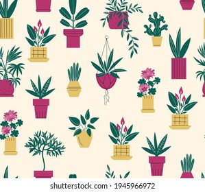 Seamless pattern with different simple houseplants. Vector flat endless background with indoor plants