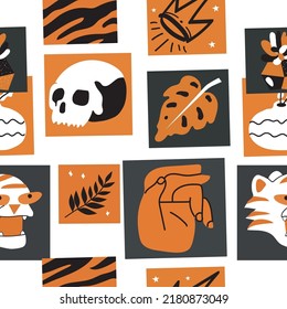 Seamless pattern from different simple pictures.  Vector illustration. Restrained color range. Suitable for any design. Transparent background