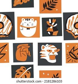 Seamless pattern from different simple pictures.  Vector illustration. Restrained color range. Suitable for any design. Transparent background