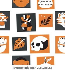 Seamless pattern from different simple pictures.  Vector illustration. Restrained color range. Suitable for any design. Transparent background