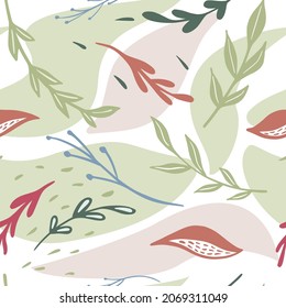 Seamless pattern with different simple small twigs and leaves isolated on white background. Beautiful print with different twigs. Design template for textile, fabric, gift wrap, wallpapers.