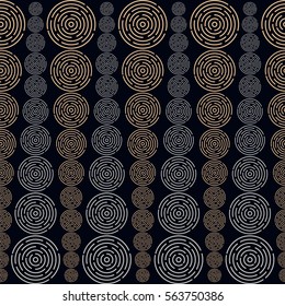 Seamless pattern with different size circles in geometric order forming vertical structure on dark background. Stock vector illustration for wallpaper, backdrop, textile, fabric.