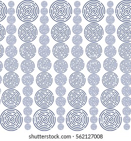 Seamless pattern with different size dark blue circles in geometric order forming vertical structure on white background. Stock vector illustration for wallpaper, backdrop, textile, fabric.