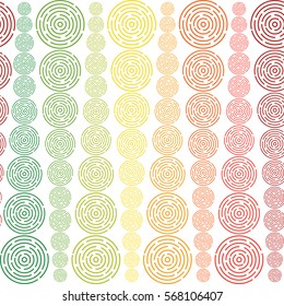 Seamless pattern with different size rainbow colored circles in geometric order forming vertical structure on white background. Stock vector illustration for wallpaper, backdrop, textile, fabric.