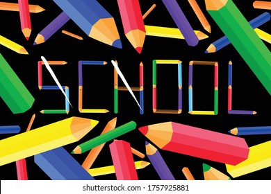 Seamless pattern with different sizes flying colored wooden pencils with words school and cool. Vector illustration