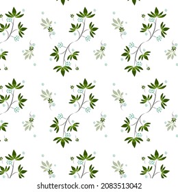 seamless pattern of different sizes of green leaves and yellow flowers