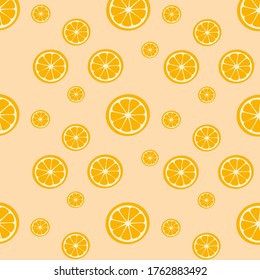 Seamless pattern with different sizes of orange slice on the orange color background. Freshness Summer season concept. Design for textile, fabric, decor, wallpaper. Tropical Fruit print repeating. 